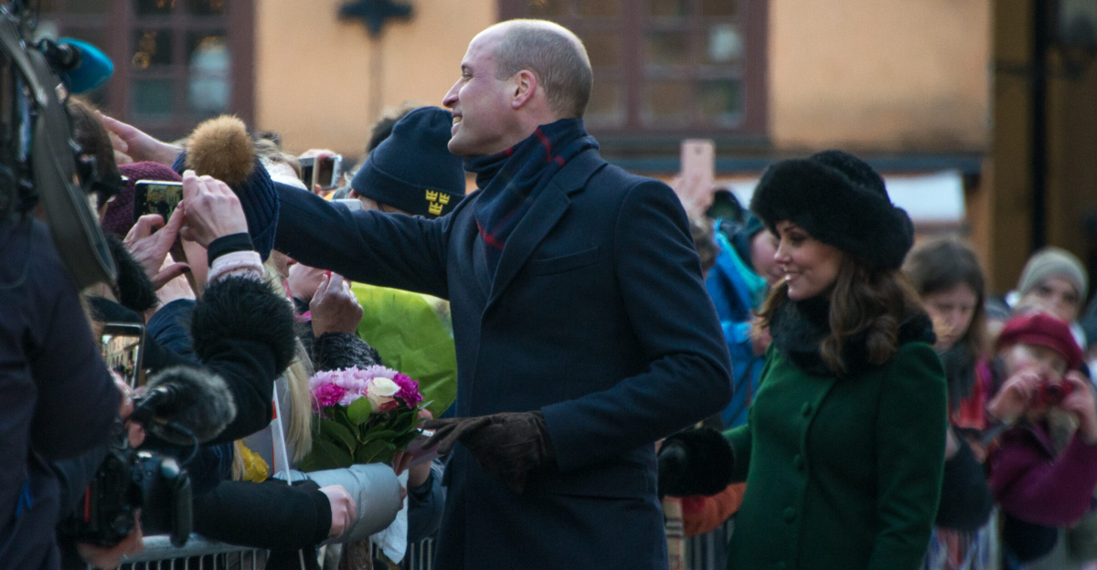 Prince William, Duke of Cambridge and Catherine, Duchess of Cambridge on official visit to Stockholm in Sweden in January 2018. On a walk in the Old Town of Stockholm together with Crown Princess Victoria and Prince Daniel, they meet swedes and tourists.