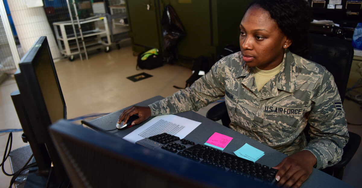 Senior Airman Jazmine Brandon 388th Maintenance Group maintenance analyst processes F-35A Lightning II fighter jet flight data into the Autonomic Logistics Information System during Astral Knight 2019 on June 3 2019 at Aviano Air Base Italy ALIS performs behind-the-scenes monitoring maintenance and prognostics to support aircraft and ensure continued health and enhanced operational planning and execution U S Air Force photo by Tech Sgt Jim Araos