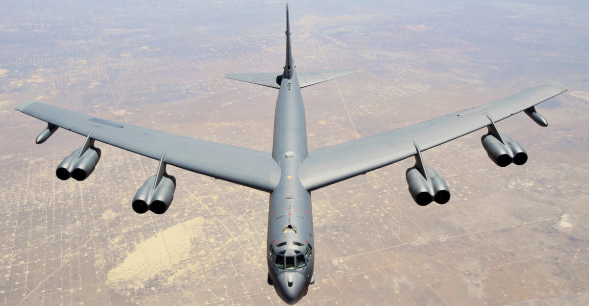A B-52 Stratofortress assigned to the 307th Bomb Wing Barksdale Air Force Base La approaches the refueling boom of a KC-135 Stratotanker from the 931st Air Refueling Group McConnell Air Force Base