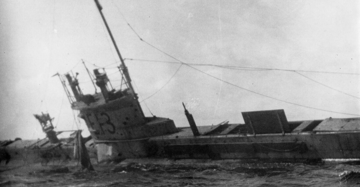 The British submarine E 13 aground at Saltholm in the Sound in 1915 before being attacked by German submarines