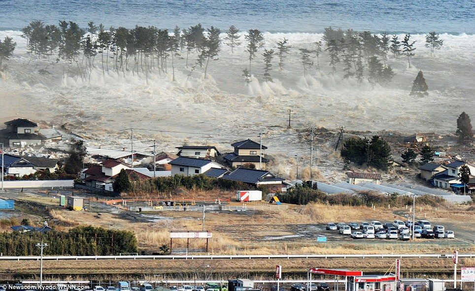 Raging seas The 33ft tsunami pours through trees and engulfs homes on the coast of Natori Miyagi Prefecture after the earthquake struck by Sheila Ebinger