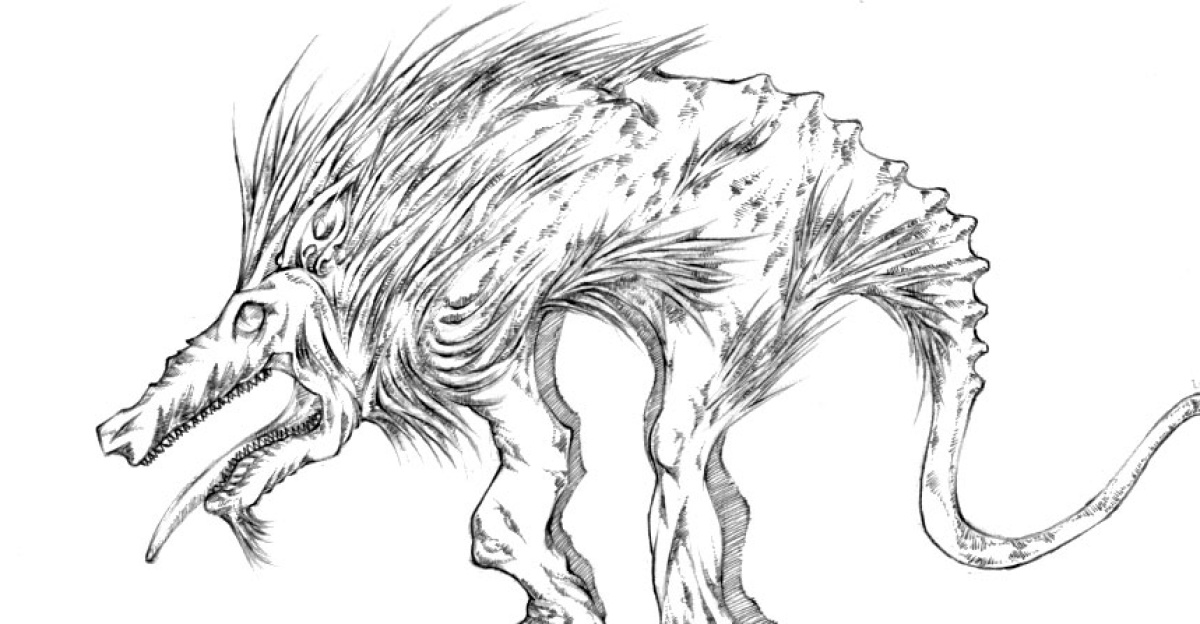 Greyscale drawing of Chupacabra