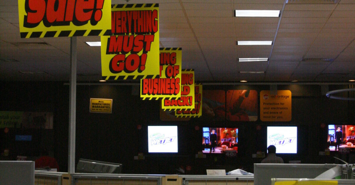 Liquidation signs at the Circuit City at 4601 Creedmoor Road in Raleigh North Carolina as the chain is going out of business