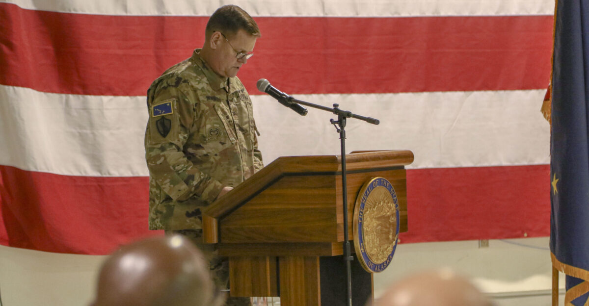 Col John James says a few words at a change of command ceremony for the Alaska State Defense Force on Joint Base Elmendorf-Richardson October 16 2019 where James relinquished command to Col Simon Brown The ceremony was presided over by Brig Gen Torrence Saxe the adjutant general of the Alaska National Guard U S Army National Guard photo by Pfc Grace Nechanicky Released