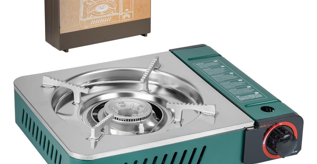 onlyfire Portable Gas Camping Stove with Carrying Case Butane Stove for Camping Hiking RV Trip Breakfast Hotpot and Emergency Wind-Resistant Sunken Burner Design 3000W Green by Amazon UK