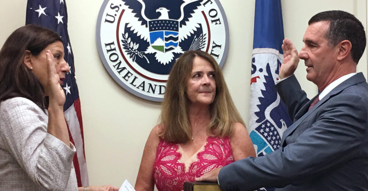 Administrator David Pekoske being ceremonially sworn in at DHS headquarters by Acting Secretary Elaine Duke