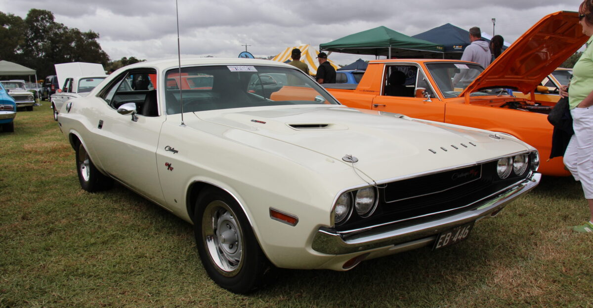 White The Challenger was a muscle car built by Dodge on the small pony car platform competition for the Mustang and Camaro It was one of two Chrysler E-body cars the other being the slightly smaller Plymouth Barracuda This is the 1st of the 1st generation cars they were built from 1970-74 Models available base model or the SE luxury model leather seats and vinyl roof with smaller back window Engines 6 cyl or 318 and 340 V8s Also the RT performance model it got the power bulge hood hood pins and 2 air intakes the shaker hood was optional Engines 383 V8 optional 375 hp 440 Magnum 390 hp 440 6 pack or 425 hp 426 Hemi Also the 340 TA 6 pack with fibreglass hood rear spoiler and side exit exhaust This car has the U Code 440 Magnum V8 optional on the RT A white 1970 Dodge Challenger was made famous in the 1971 movie Vanishing Point starring Barry Newman as Kowalski He has to deliver the Challenger to San Francisco from Colorado in 15 hours
