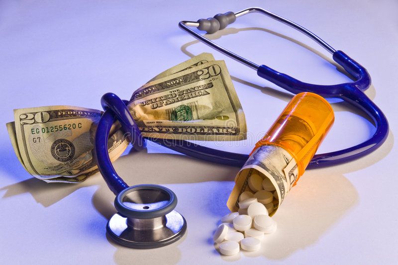 High Medical Cost Stethoscope tied around money with blue back light and pills Affiliate Stethoscope tied money High Medical ad by buyticket