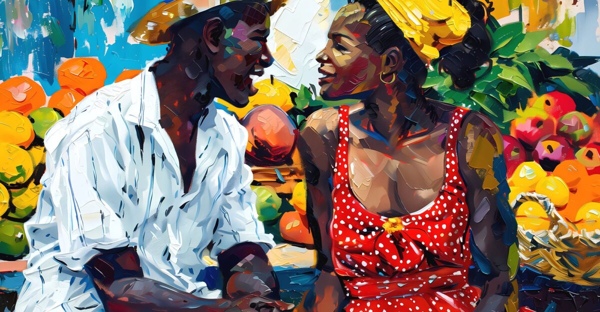 Black People Art of Couple in Caribbean Market Print by WestIndiesArtCo on Etsy by Noelene Khawula