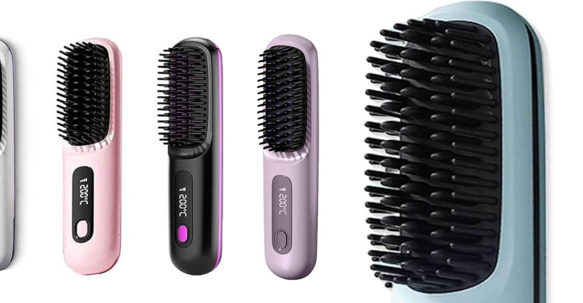 Cordless Hair Straightener Brush - Portable Mini Hot Comb with Rechargeable Battery Fast Heating Heated Brush for Travel Dual Voltage Anti-Frizz for All Hair Types Blue by Amazon UK
