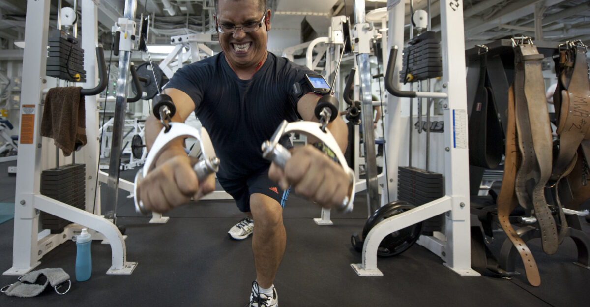 SUBIC BAY Republic of Philippines Oct 7 2012 Logistics Specialist 1st Class Adam Martinez performs chest flies in the Gator Gym aboard the amphibious assault ship USS Bonhomme Richard LHD 6 The U S Navy is reliable flexible and ready to respond worldwide on above and below the sea Join the conversation on social media using warfighting U S Navy photo by Mass Communication Specialist 2nd Class Michael Russell Released 121007-N-KB563-066 Join the conversation navylive dodlive mil