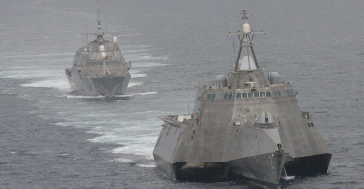 SAN DIEGO May 2 2012 The first of class littoral combat ships USS Freedom LCS 1 rear and USS Independence LCS 2 maneuver together during an exercise off the coast of Southern California The littoral combat ship is a fast agile networked surface combatant designed to operate in the near-shore environment while capable of open-ocean tasking and win against 21st-century coastal threats such as submarines mines and swarming small craft U S Navy photo by Lt Jan Shultis Released 120502-N-ZZ999-019 Join the conversation navylive dodlive mil
