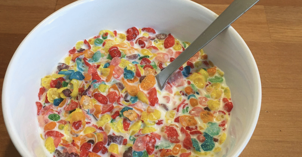 Fruity Pebbles cereal with milk Sweetened Rice Cereal Natural and Artificial Fruit Flavor
