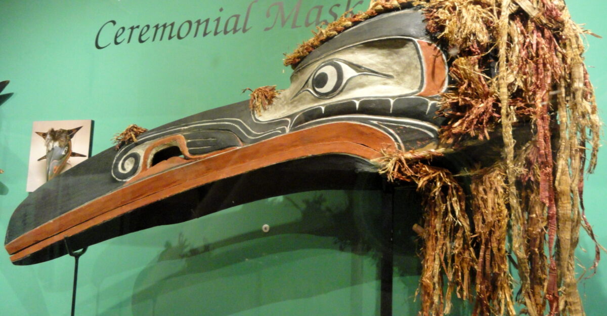 Hamatsa raven mask Kwakiutl collected at Memkwumlis Village Island perhaps in 1917 Exhibit from the Native American Collection Peabody Museum Harvard University Cambridge Massachusetts USA Photography was permitted without restriction exhibit is old enough so that it is in the public domain