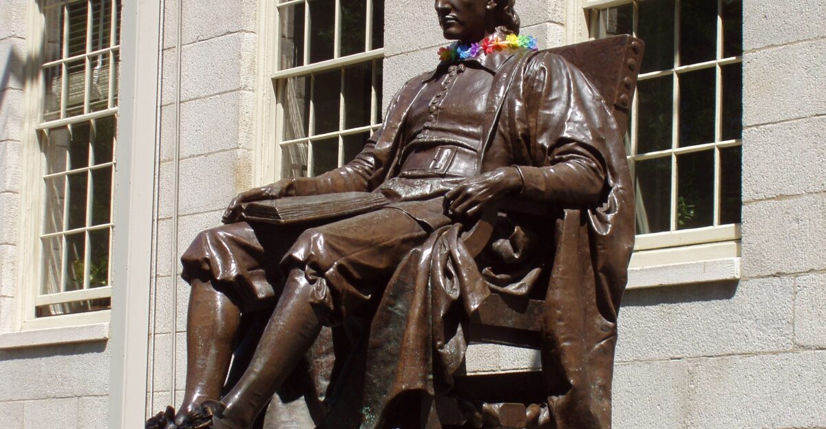 Statue in the college yard of Harvard University Cambridge Massachusetts Known as the Statue of the three lies because 1 Harvard was founded in 1636 not 1638 2 Harvard was an early benefactor not the founder and 3 the statue is not of Harvard but of a 19th-century Harvard student