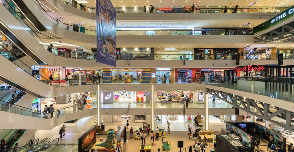Large interior view of Plaza Singapura Shopping mall located 68 Orchard Road Singapore