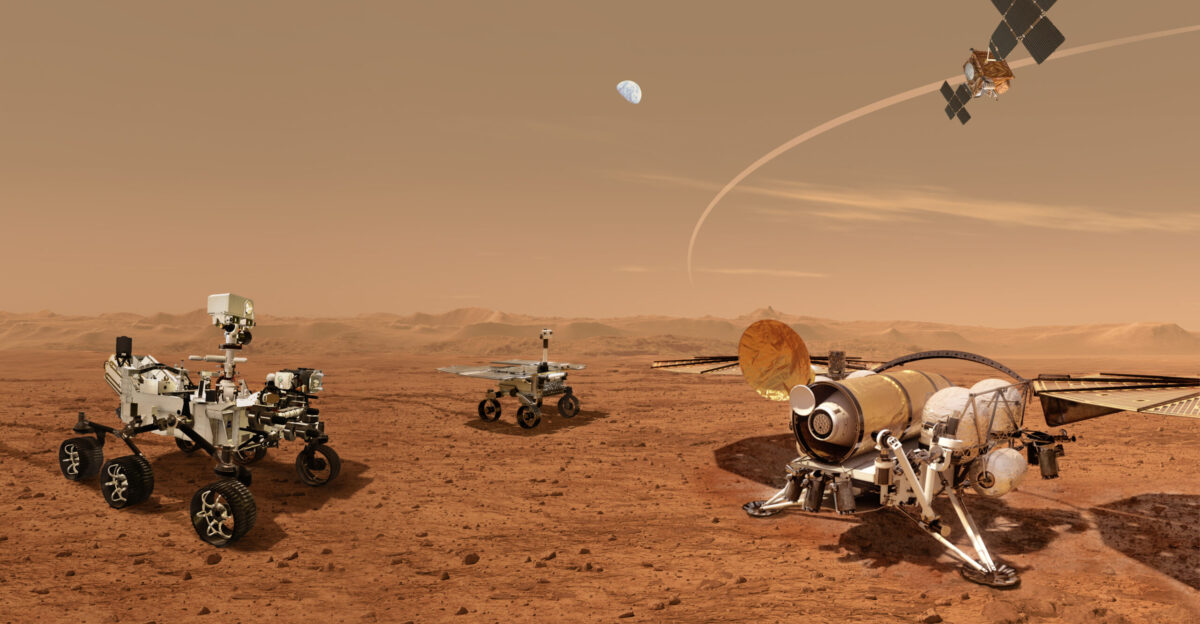 Mars Sample Return Campaign Artist s Concept This illustration shows a concept for a set of future robots working together to ferry back samples from the surface of Mars collected by NASA s Mars Perseverance rover NASA and the European Space Agency ESA are solidifying concepts for a Mars sample return mission that would seek to take the samples of Martian rocks and other materials being collected and stored in sealed tubes by NASA s Mars Perseverance rover and return the sealed tubes to Earth According to the current concept NASA would deliver a Mars lander in the vicinity of Jezero Crater where Perseverance left will have collected and cached samples The Sample Retrieval Lander right would carry a NASA rocket the Mars Ascent Vehicle along with ESA s Sample Fetch Rover center that is roughly the size of the Opportunity Mars rover The fetch rover would gather the cached samples and carry them back to the lander for transfer to the ascent vehicle additional samples could also be delivered directly by Perseverance The ascent vehicle would then launch a special container holding the samples into Mars orbit ESA would put a spacecraft in orbit around Mars before the ascent vehicle launches This spacecraft would rendezvous with and capture the orbiting samples before returning them to Earth NASA would provide the capture and containment payload module for the orbiter
