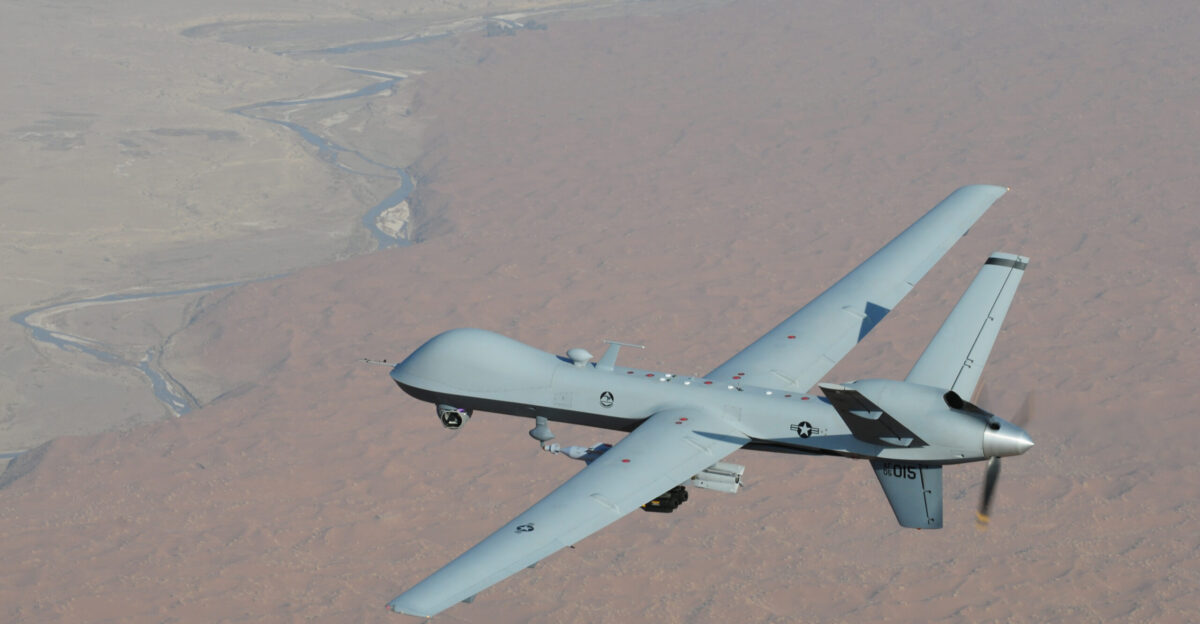 An MQ-9 Reaper unmanned aerial vehicle flies a combat mission over southern Afghanistan