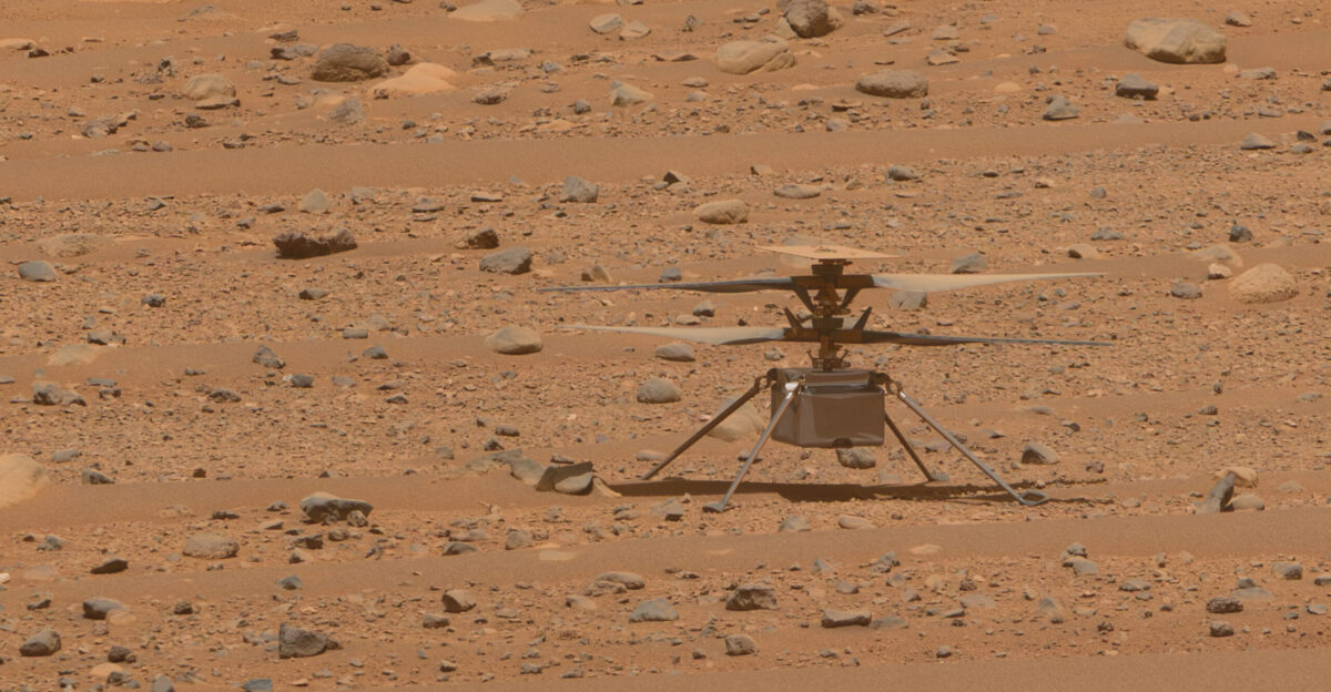 This image of NASA s Ingenuity Mars helicopter was taken by the Mastcam-Z instrument aboard Perseverance on April 18 2023 the 768th Martian day or sol of the rover s mission The helicopter s first flight on Mars was on April 19 2021 This is the best look the Ingenuity team has had of the rotorcraft since its first flight Small diodes visible more clearly in this image of helicopter appear as small protrusions on the top of the helicopter s solar panel The panel and the two 4-foot 1 2-meter counter-rotating rotors have accumulated a fine coating of dust The metalized insulating film covering the exterior of the helicopter s fuselage appears to be intact Ingenuity s color 13-megapixel horizon-facing terrain camera can be seen at the center-bottom of the fuselage NASA s Jet Propulsion Laboratory which is managed for NASA by Caltech in Pasadena California built and manages operations of the Perseverance rover Arizona State University leads the operations of the Mastcam-Z instrument working in collaboration with Malin Space Science Systems in San Diego on the design fabrication testing and operation of the cameras and in collaboration with the Niels Bohr Institute of the University of Copenhagen on the design fabrication and testing of the calibration targets The Ingenuity Mars Helicopter was built by JPL which manages the project for NASA Headquarters It is supported by NASA s Science Mission Directorate NASA s Ames Research Center in California s Silicon Valley and NASA s Langley Research Center in Hampton Virginia provided significant flight performance analysis and technical assistance during Ingenuity s development AeroVironment Inc Qualcomm and SolAero also provided design assistance and major vehicle components Lockheed Martin Space designed and manufactured the Mars Helicopter Delivery System