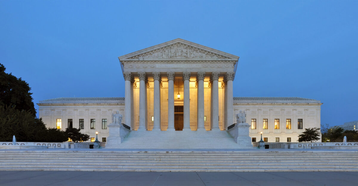 Panorama of the west facade of United States Supreme Court Building at dusk in Washington D C United States of America