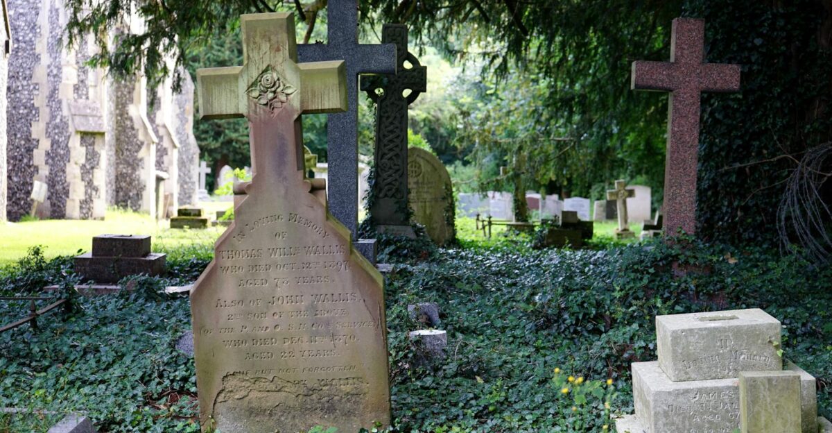 Peaceful rural cemetery featuring historic tombstones under lush trees in a tranquil setting