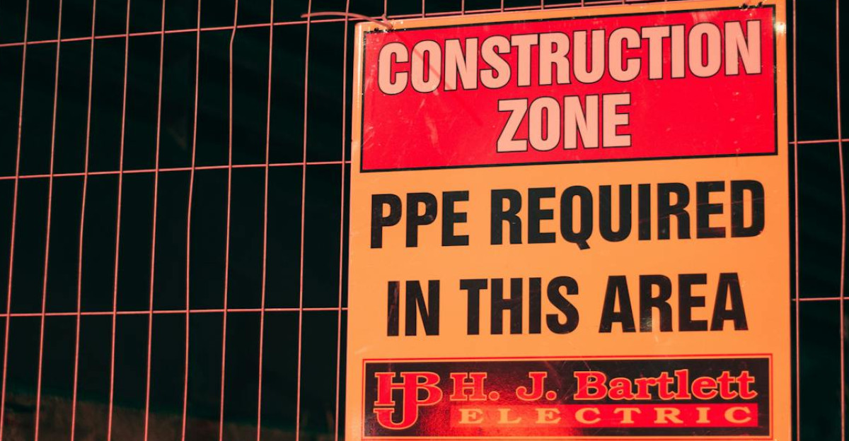 Bright construction warning sign indicating PPE requirement at night