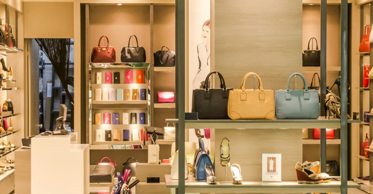 Chic boutique with a variety of handbags and shoes elegantly displayed on shelves
