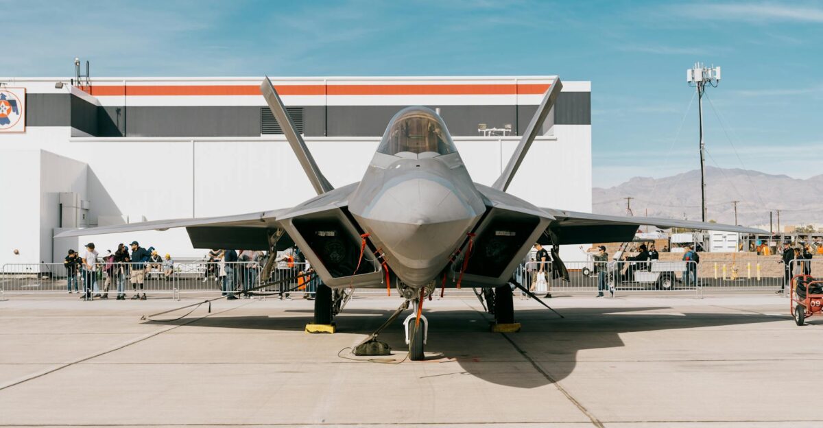 Front view of F-22 Raptor fighter jet on display at a Las Vegas air show