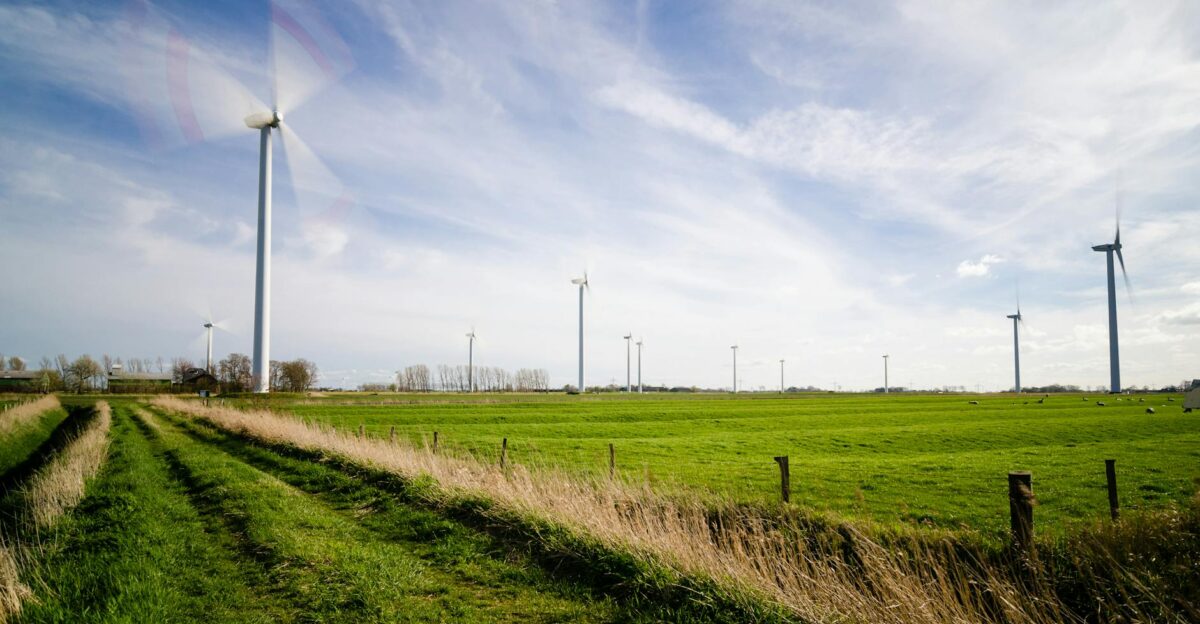 A scenic view of wind turbines in a green rural farm landscape under a bright sky