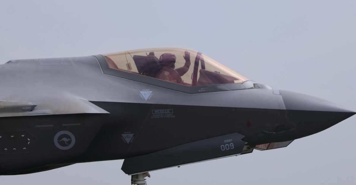 Close-up of an F-35 fighter jet with a pilot waving captured at Geelong VIC