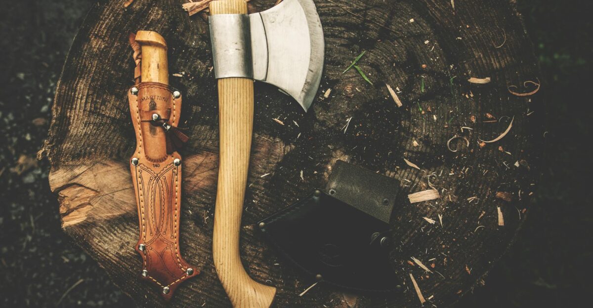 A rugged camping axe and knife on a tree stump perfect for bushcraft and outdoor adventures