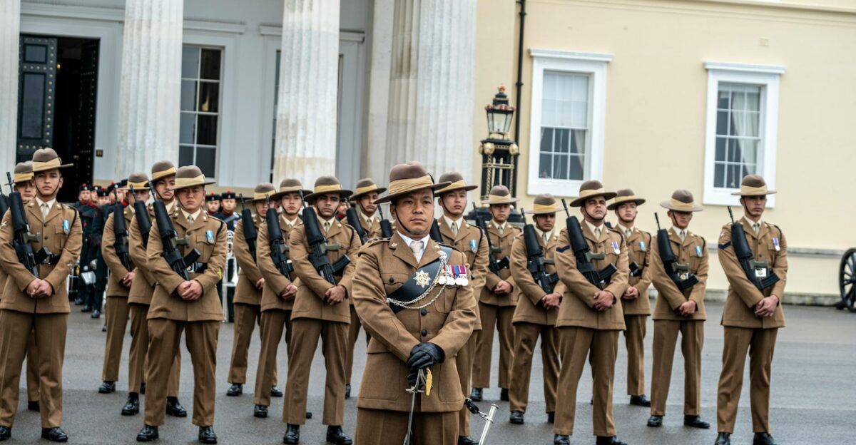 Soldiers in uniform standing in formation at Royal Military Academy Sandhurst UK