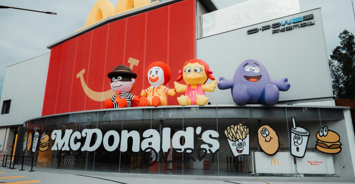 Exterior of McDonald s in Shenzhen featuring iconic character inflatables