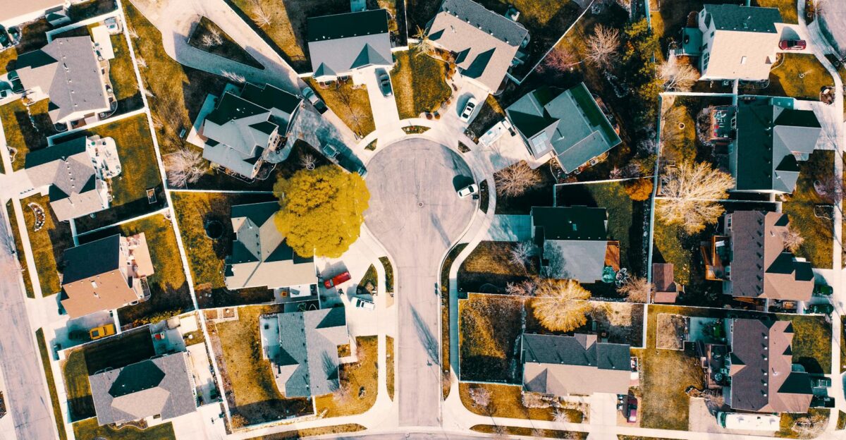 Aerial view capturing the layout of a suburban neighborhood in Herriman Utah