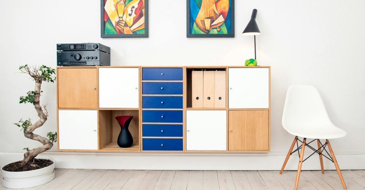 Contemporary room design featuring colorful artwork sleek furniture and decorative elements