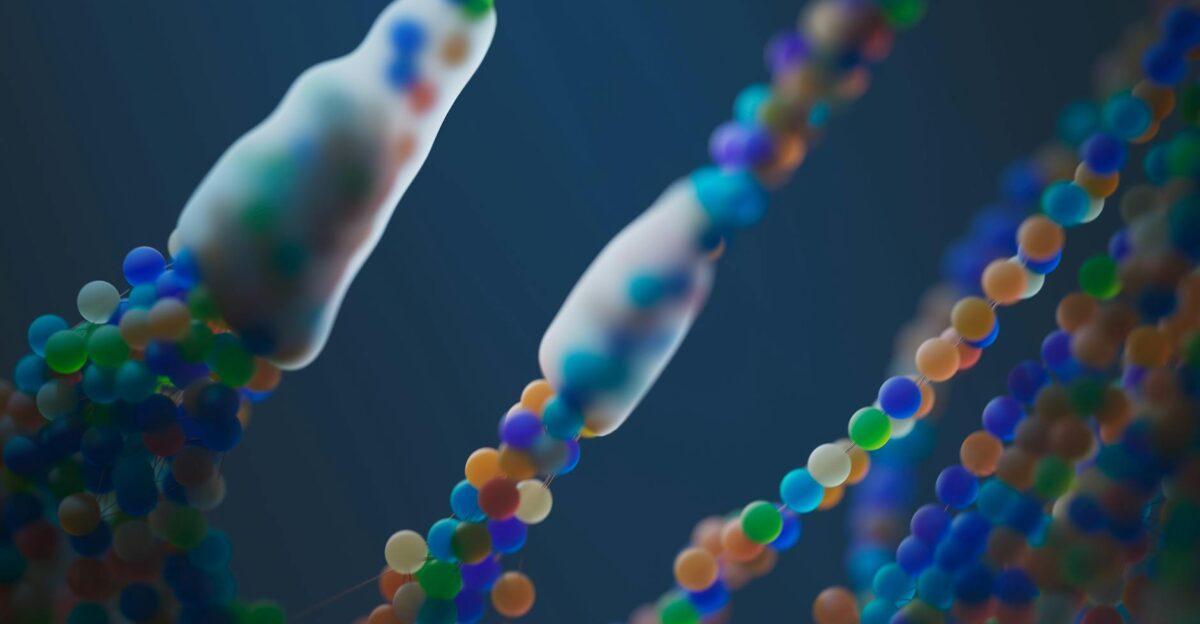 Close-up of a colorful abstract representation of DNA strands illustrating science and genetics