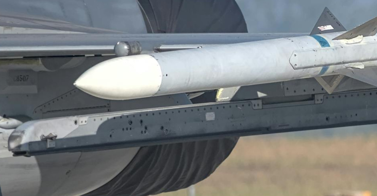 Close-up of a missile mounted on a military aircraft wing at an airshow in Bengaluru India