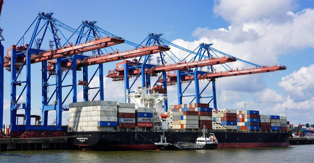 A large container ship at Hamburg s Container Terminal Tollerort loading and unloading