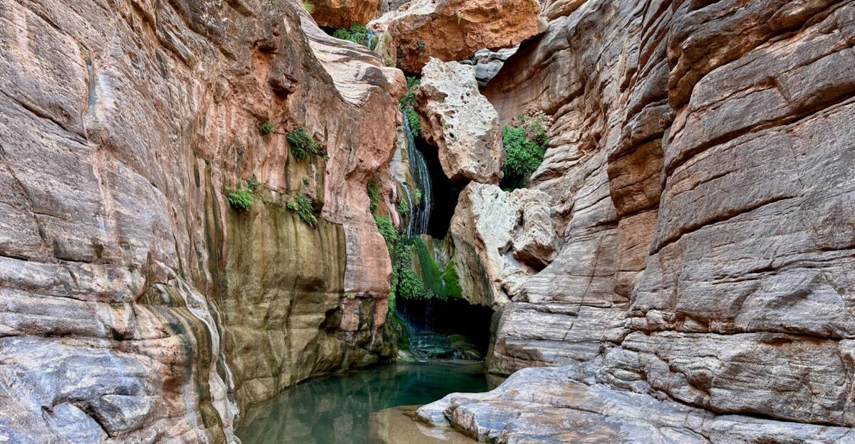 Peaceful view of a waterfall in Elves Chasm Grand Canyon surrounded by rocky formations