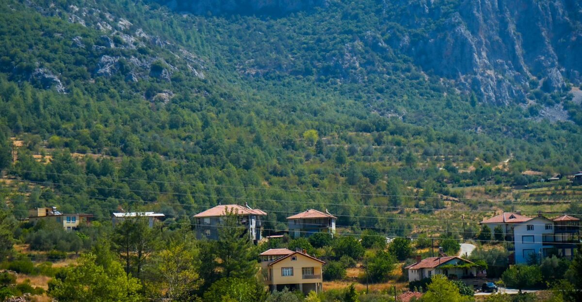 Charming rural village nestled among lush mountains on a sunny day