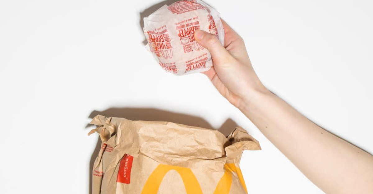 A person holding a McDonald s burger and paper bag against a white background