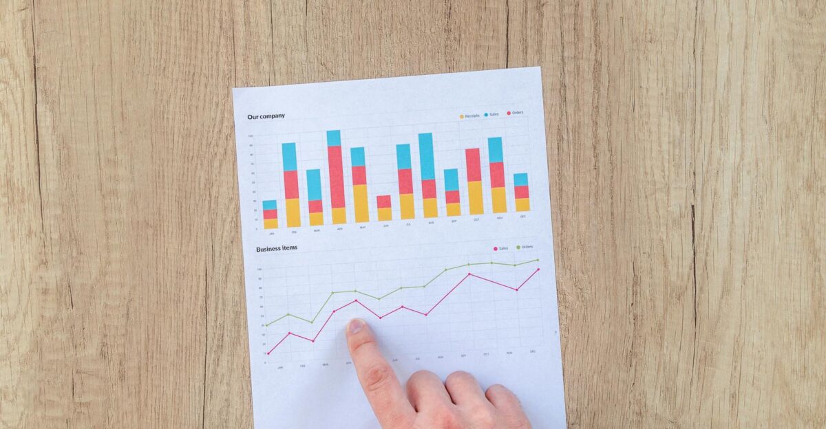 A hand points to colorful business charts and graphs on a paper sheet on a wooden desk