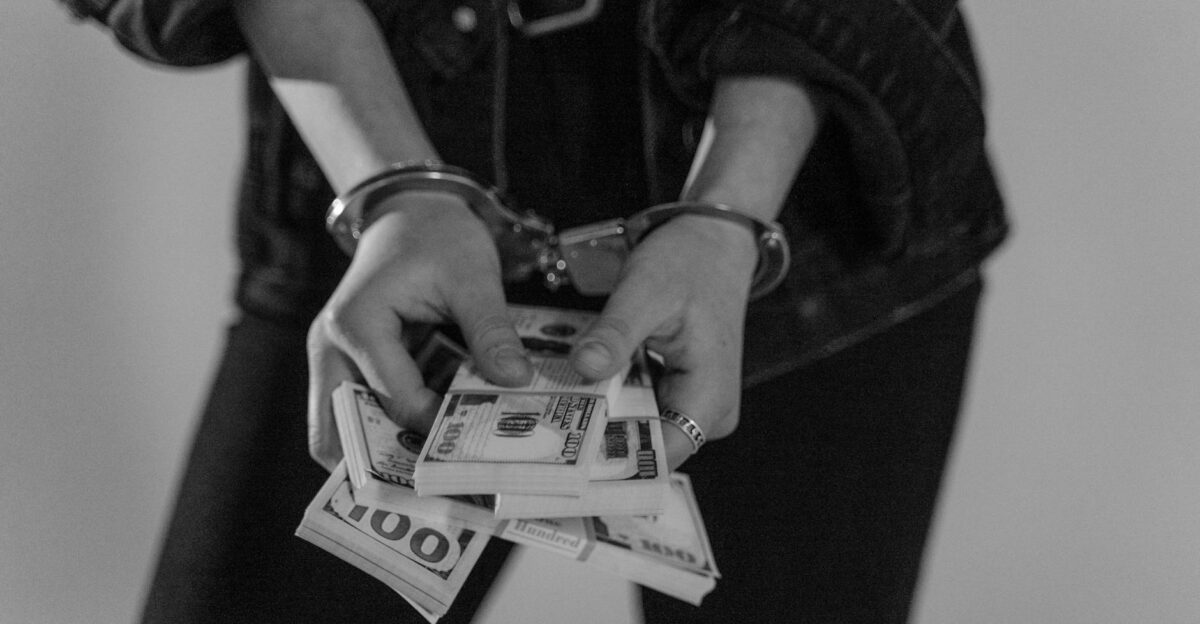 Black and white image of a handcuffed person holding bundles of US dollars