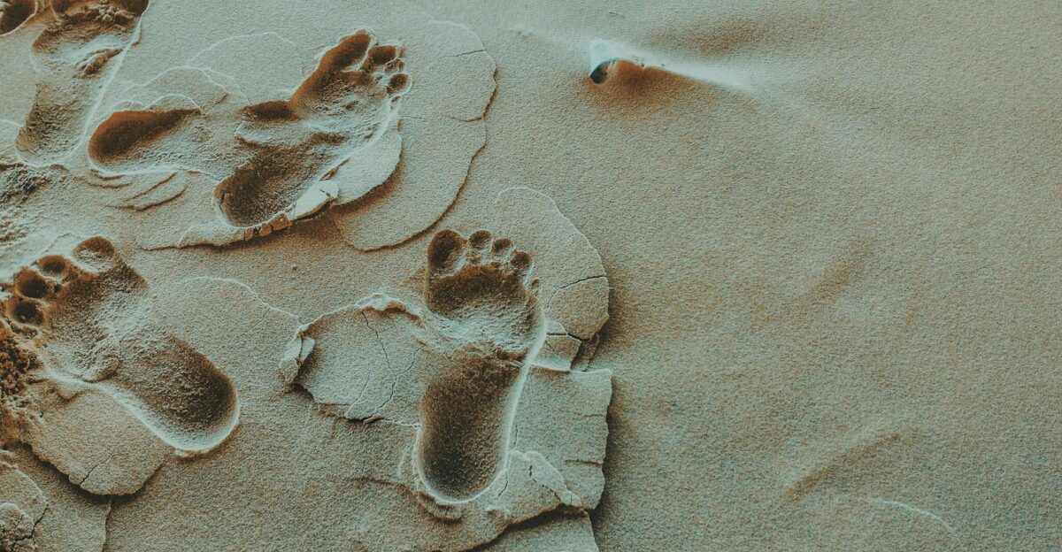 Close-up of footprints imprinted in sandy beach terrain displaying unique patterns and textures