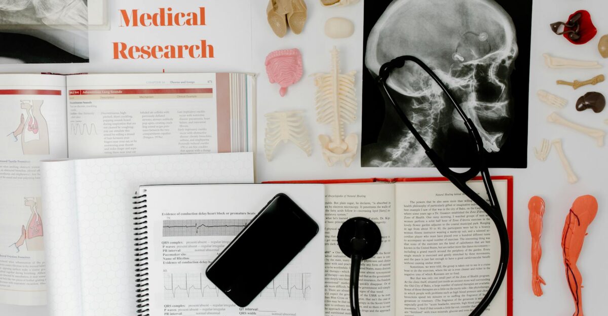 Flat lay of medical research materials with a stethoscope and anatomical models