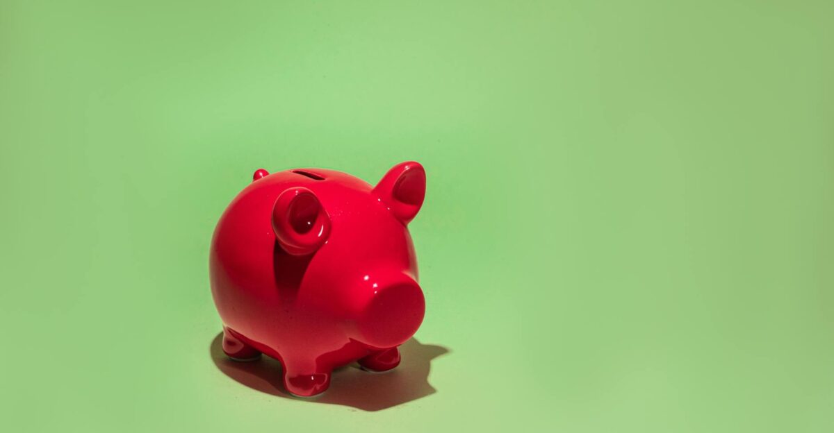 Red piggy bank on a green background symbolizing savings and financial planning