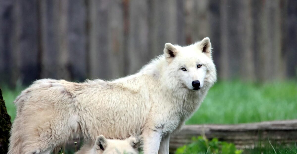 Two majestic Arctic wolves standing together in a vibrant green forest setting