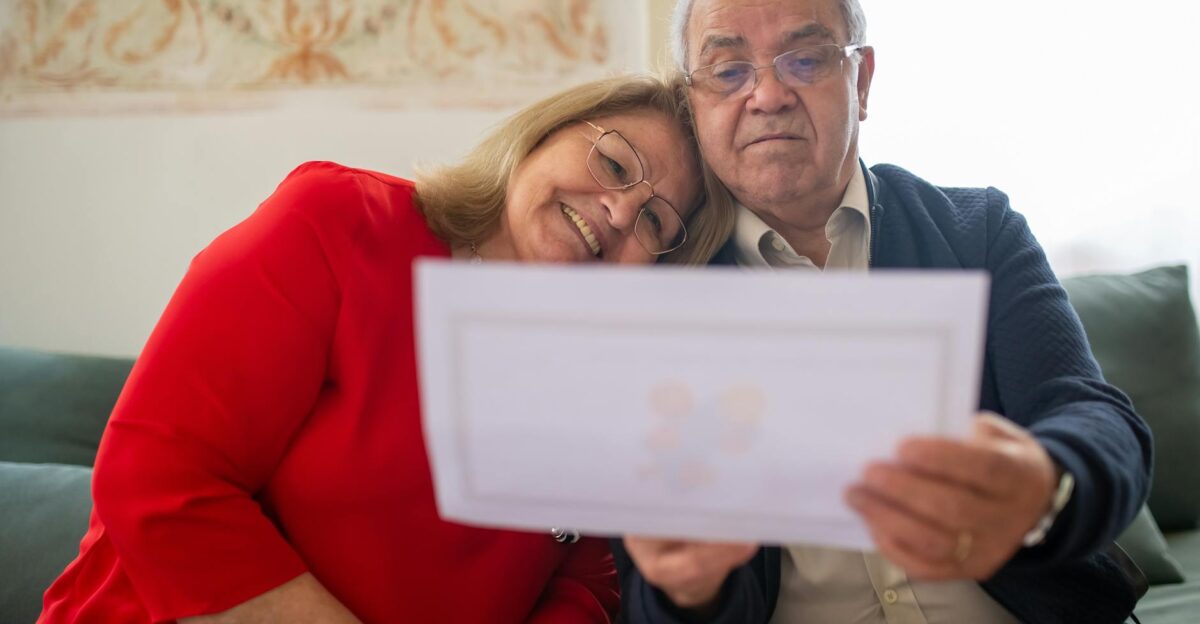 An elderly couple happily reviews a document while sitting comfortably together on a sofa