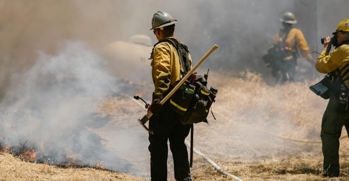 Firefighters in action combating a forest fire with smoke and flames visible