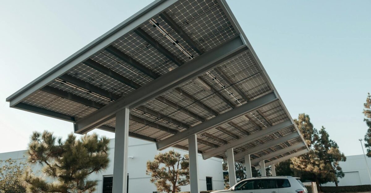 Solar panel carport in a modern urban setting showcasing clean energy solutions